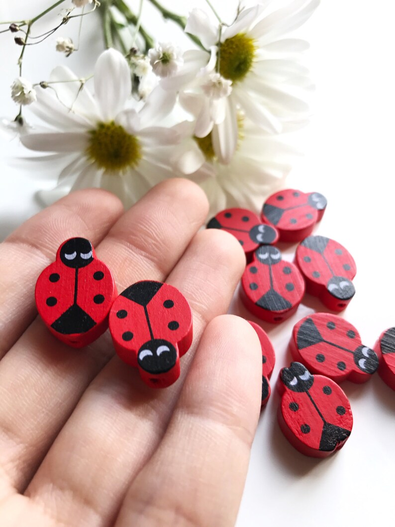 Ladybird Beads Ladybug Necklace Beads Kids Beads Wood Beads For Making Jewelry Animal Beads Set of 10 Wooden Ladybird Beads
