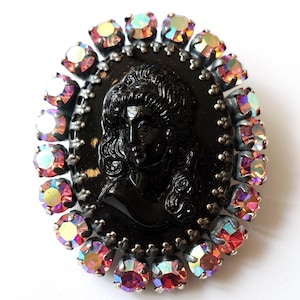 Large gem brooch oval black with Bohemian handmade glass stone and rhinestones black colorful handmade in Cologne Germany