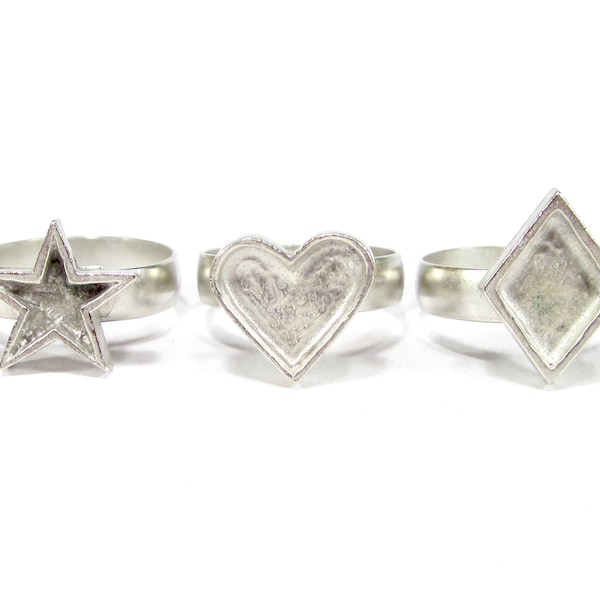 6 Rings 90's Small Rings Silver Heart Star Rhombus Adjustable Jewelry Material DIY