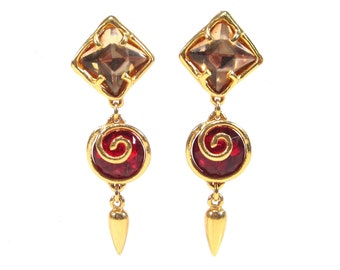 Long vintage ear clips red gold spiral rectangle earrings 9.5 cm long
