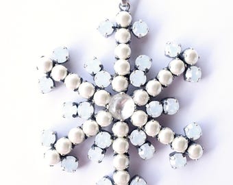 Giant Snowflake Pendant with White Pearl Rhinestones Hippie Cut Crystals Star Necklace Pendant Handmade in Germany