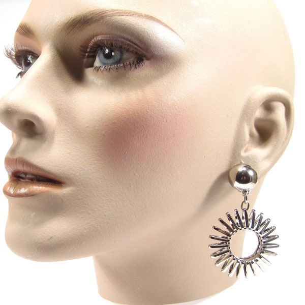 Silver sun vintage ear clips round retro earrings 6 x 3,5 cm