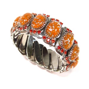 Vintage orange rhinestone bangle with handmade glass stones sizes adjustable 3 cm high