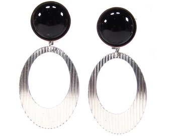 Retro Vintage Ohrclips silber schwarz Glas Cabochon Oval Streifen retro Ohrringe Aluminium 5,5 x 2,7 cm