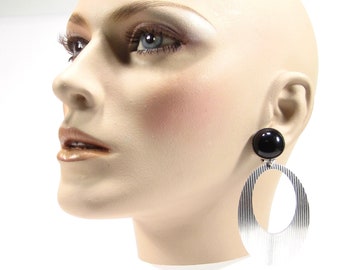 Retro long vintage ear clips silver black glass cabochon oval stripes retro earrings aluminum 8 x 4.3 cm