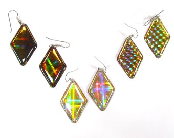 Large holograph earrings rhombus pattern glitter disco 80s 5.8 x 2.5 cm the DZ company New York