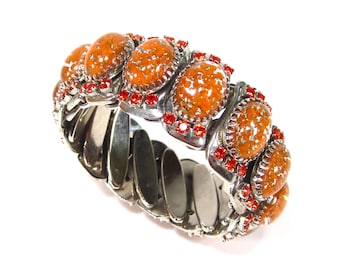 Vintage Orangener Strass Armreif mit handgemachten Glassteinen Größen verstellbar 3 cm hoch