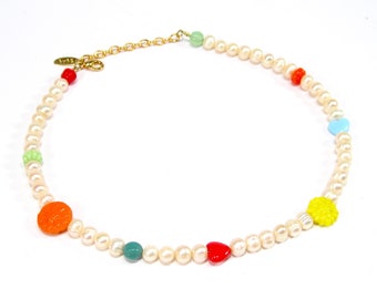 Süße Perlenkette Glassteine Bunt Weiß vintage 90s style Blümchen Herz Choker hangemacht Collier