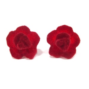 Red roses ear studs velvet 2 cm Made in Germany 1990