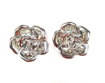 Large silver rose ear clips 5,5 cm Made in Germany 1990