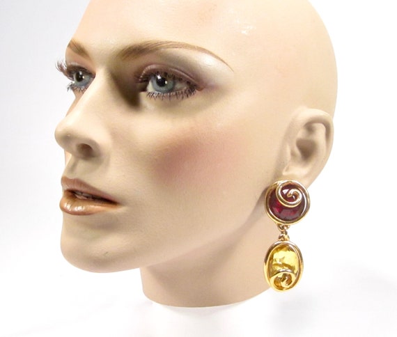 Boucles D'oreilles Vintage Clips - Plastique Doré Spirale Rouge - Occasion Bon état