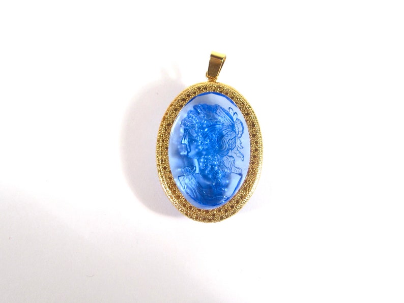 Large Vintage Gem Pendant Crown Setting Handmade Glass Stone Blue Cameo