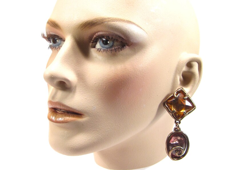 Vintage ear clips brown rose purple kitsch spiral oval rhombus earrings