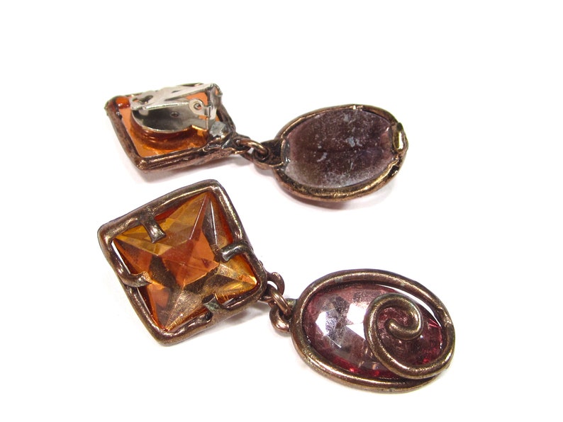 Vintage ear clips brown rose purple kitsch spiral oval rhombus earrings