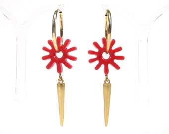 Creole earrings long vintage earrings SoHo® flower sun gold resin red opaque retro resin cold enamel gold red 1992 made in cologne