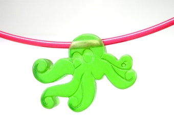 90's octopus necklace neon colors pink green retro resin underwater necklace handmade