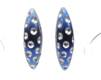 Large blue vintage ear clips pointed navette matt resin 6x2cm original SoHo Cologne 1993 made in cologne