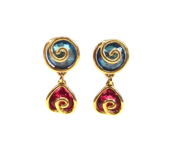 Vintage ear clips blue pink gold kitsch spiral he… - image 1