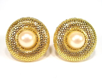Big round gold ear clips original 80s vintage ear clips with pearl gold retro 3 cm made in Germany