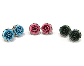 Rose Studs bronze blue pink green matt anodised Rhinestone Crystals Rhinestones Costume jewelery Oktoberfest