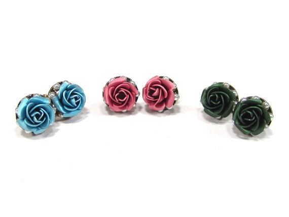 Set of Three Pairs Crystal Rhinestone Stud Earrings AB Multicolor Pink and Blue Set of Three Pairs Crystal Rhinestone Stud Earrings AB Multicolor Pink and Blue