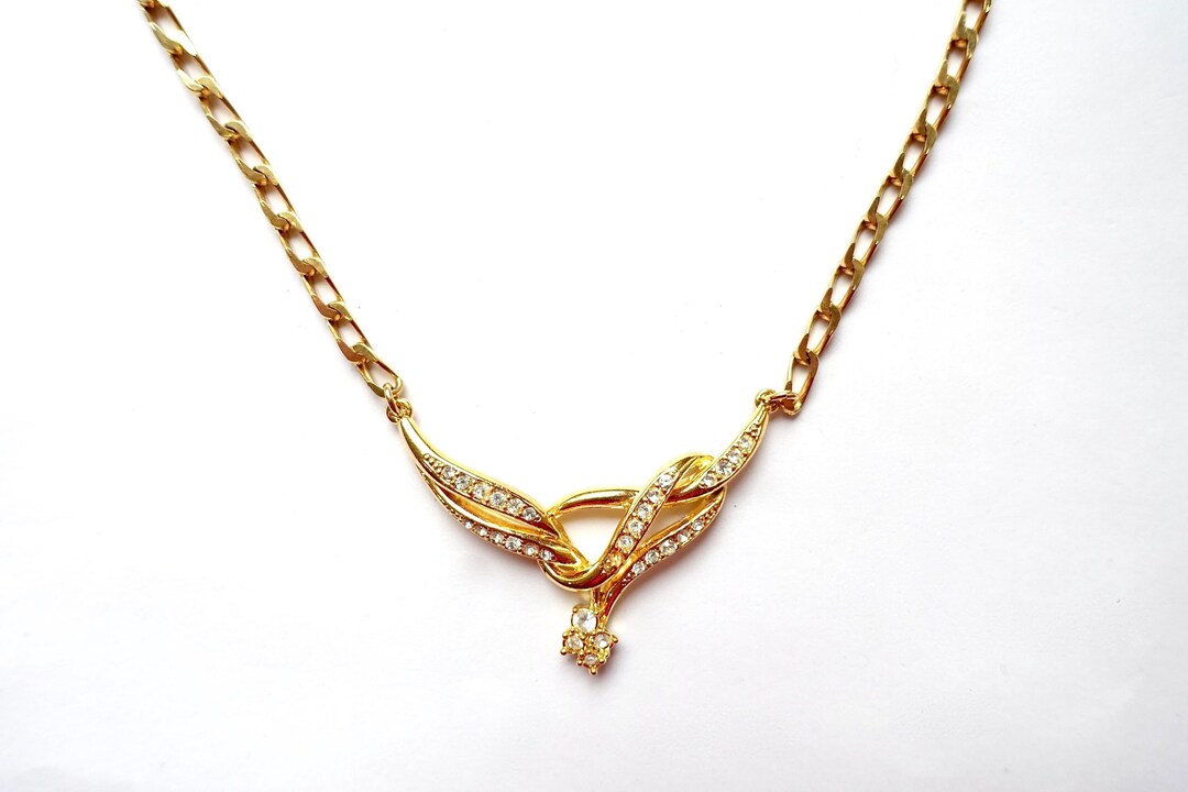 Original 80s Gold Vintage Chain Necklace Element Rhinestones Brass Real ...