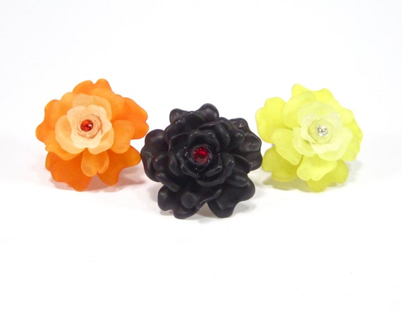 Rose statement ring set 3 pieces 90s handmade yel… - image 1