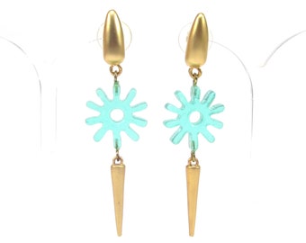 Long retro earrings with resin flower sun gold turquoise 1992 made in cologne