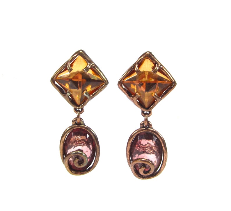 Vintage ear clips brown rose purple kitsch spiral oval rhombus earrings
