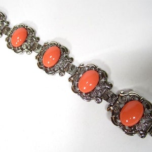 Vintage bracelet coral, 1970s antique silver coral orange, made in germany, resin resin cabochons, retro 70s image 2