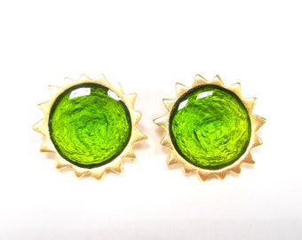 Vintage 90s sun clip earrings gold green resin retro cold enamel cologne 1996