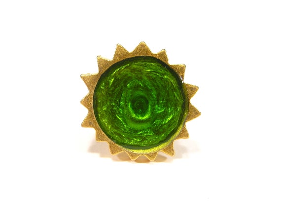 Vintage sun ring sun gold green resin hand made r… - image 1