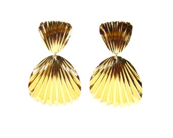 Large gold vintage ear clips mermaid earrings retro 70s seashell earrings 6.3 x 4 cm made in Germany