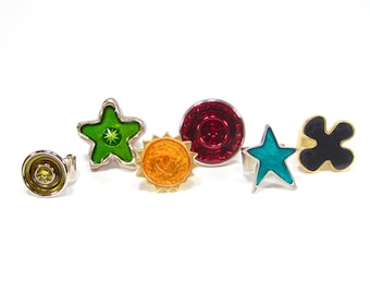 6 unique colorful rings set synthetic resin sun flower star red blue green resin handmade statement SoHo 1990 made in cologne no. 12