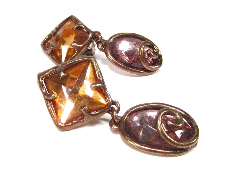 Vintage ear clips brown rose purple kitsch spiral oval rhombus earrings