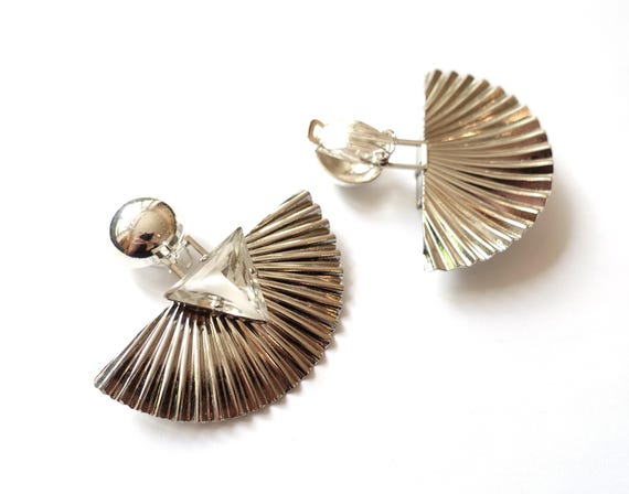 Giant Silver Vintage Clip-on Earrings Wing Triangle Vintage Glass