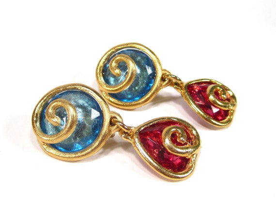 Vintage ear clips blue pink gold kitsch spiral he… - image 2