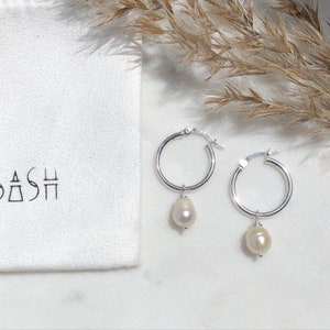 Thick Sterling Silver or Gold Filled Freshwater Pearl Hoop Earrings, Pearl Hoops
