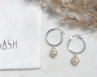 Thick Sterling Silver or Gold Filled Freshwater Pearl Hoop Earrings
