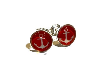 925 Sterling Silver Dots Red White Stud Earrings Cabochon