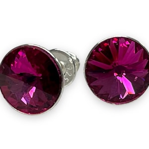 Può includere: Un paio di orecchini a lobo rotondi color magenta. Ogni orecchino presenta una gemma circolare sfaccettata incastonata in una lunetta color argento. Gli orecchini sono esposti su uno sfondo bianco, evidenziandone il colore e il design.