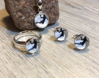 925 Sterling Silver Handball Stud Earrings Necklace Cabochon Chain Ring Jewelry Set Earrings Rose Gold