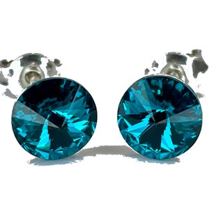 Silver Swarovski Crystal with 925 Sterling Silver Stud Earrings Rivoli Blue Zircon