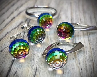 Silver Swarovski Crystal Disco Ball Fireball 8mm Vitrail Medium with 925 Sterling Earrings Earrings Earrings Fingerring Necklace