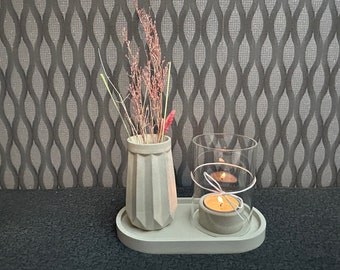 Beton Zement Tablet Schale oval Dekoteller Vase Teelicht Glaszylinder wasserfest