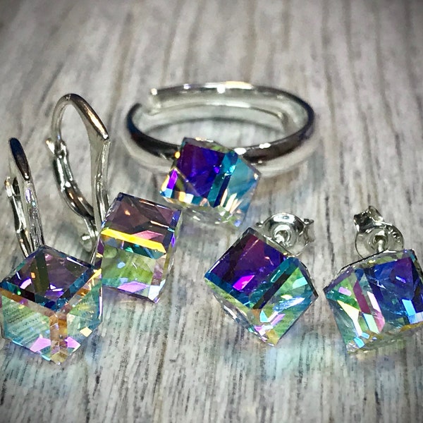 Silber Swarovski Kristall Würfel Cube verziert mit Kette Ohrstecker Ohrhänger Fingerring Ring 925 Sterling Silber Aurore Boreale Ohrringe