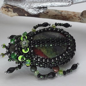 Stone bug  brooch pin, Insect, Jewelry,Embroidered with glass beads