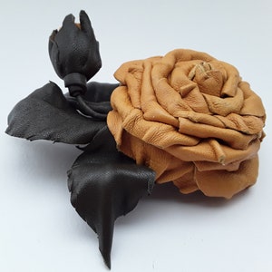 Leather rose flower brooch / pin / hair clip - Handmade yellow leather rose brooch with green leather leafs