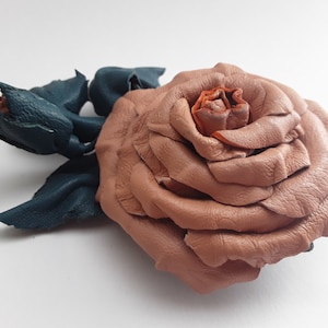 Leather rose flower brooch / pin / hair clip - Handmade salmon red leather rose brooch with green leather leafs