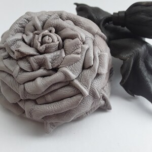 Leather rose flower brooch / pin / hair clip - Handmade gray leather rose brooch with green leather leafs